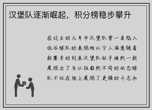 汉堡队逐渐崛起，积分榜稳步攀升